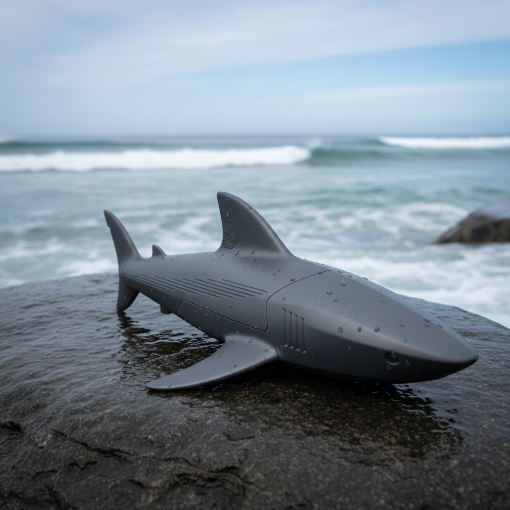 A highly realistic close-up of an abstract, shark-inspired product prototype resting on a smooth, wet rock at the edge of Merewether ocean baths. The device has a refined, matte graphite body with a subtle dorsal fin profile, fine hydrodynamic grooves, and precise geometric seams that suggest engineered functionality. Behind it, softly blurred waves roll toward Dixon Park beach under a pale blue Newcastle sky. Cool, overcast lighting creates gentle reflections on the product’s surface and tiny water droplets, enhancing texture and sophistication. Captured from a low, three-quarter angle, the composition frames the prototype against the horizon, evoking both the raw ocean environment and the thoughtful engineering that led to the patent.
