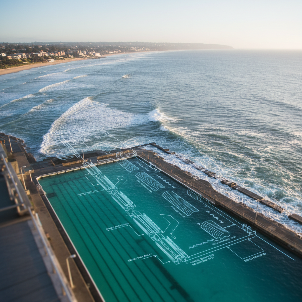 An overhead photographic view of the boundary line between Merewether ocean baths and the open sea, with a translucent overlay of a patent-style technical sketch for an innovative marine safety product. The diagram appears etched onto the water’s surface, aligned with the natural currents and lanes that lead toward Dixon Park beach. Diffused early-morning light softens the waves and concrete pool edges, giving a calm, focused atmosphere. The Newcastle coastline stretches into the distance, slightly hazy. Composition uses strong leading lines from the pool wall and surf, drawing the eye from observation space to conceptual design, symbolizing the moment of invention and the structured thinking behind a product patent.