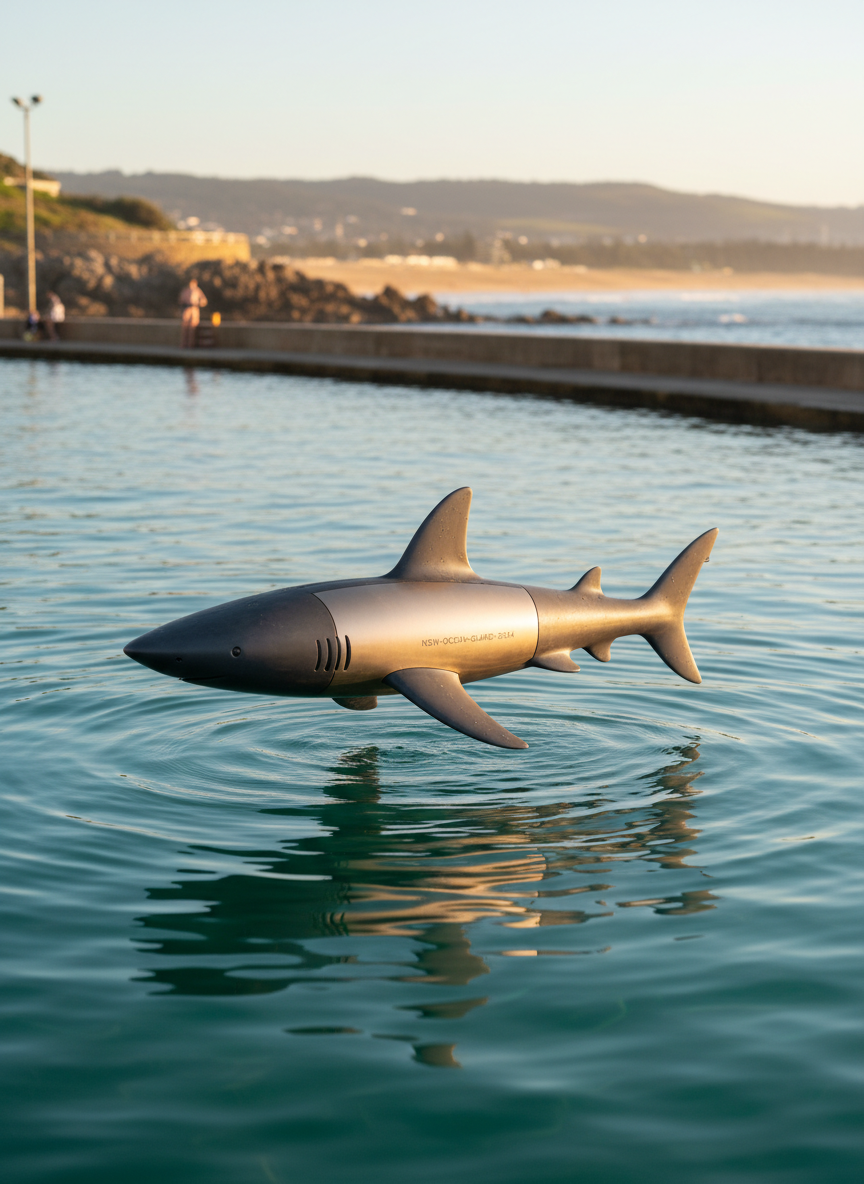 A sleek, concept-stage aquatic safety device inspired by shark anatomy, floating just above the turquoise surface of Merewether ocean baths. The streamlined form, with matte charcoal fins and a subtle metallic core, is rendered in crisp photographic realism. In the background, the curved sea wall, rocky Newcastle coastline, and a hint of Dixon Park beach are softly out of focus. Late afternoon golden light glances off gentle ocean ripples, highlighting the product’s contours and creating refined reflections. Shot at eye level with a shallow depth of field, the composition feels sophisticated and contemplative, emphasizing the origin of a product patent born from observing open-water ocean swimming in Newcastle, NSW.