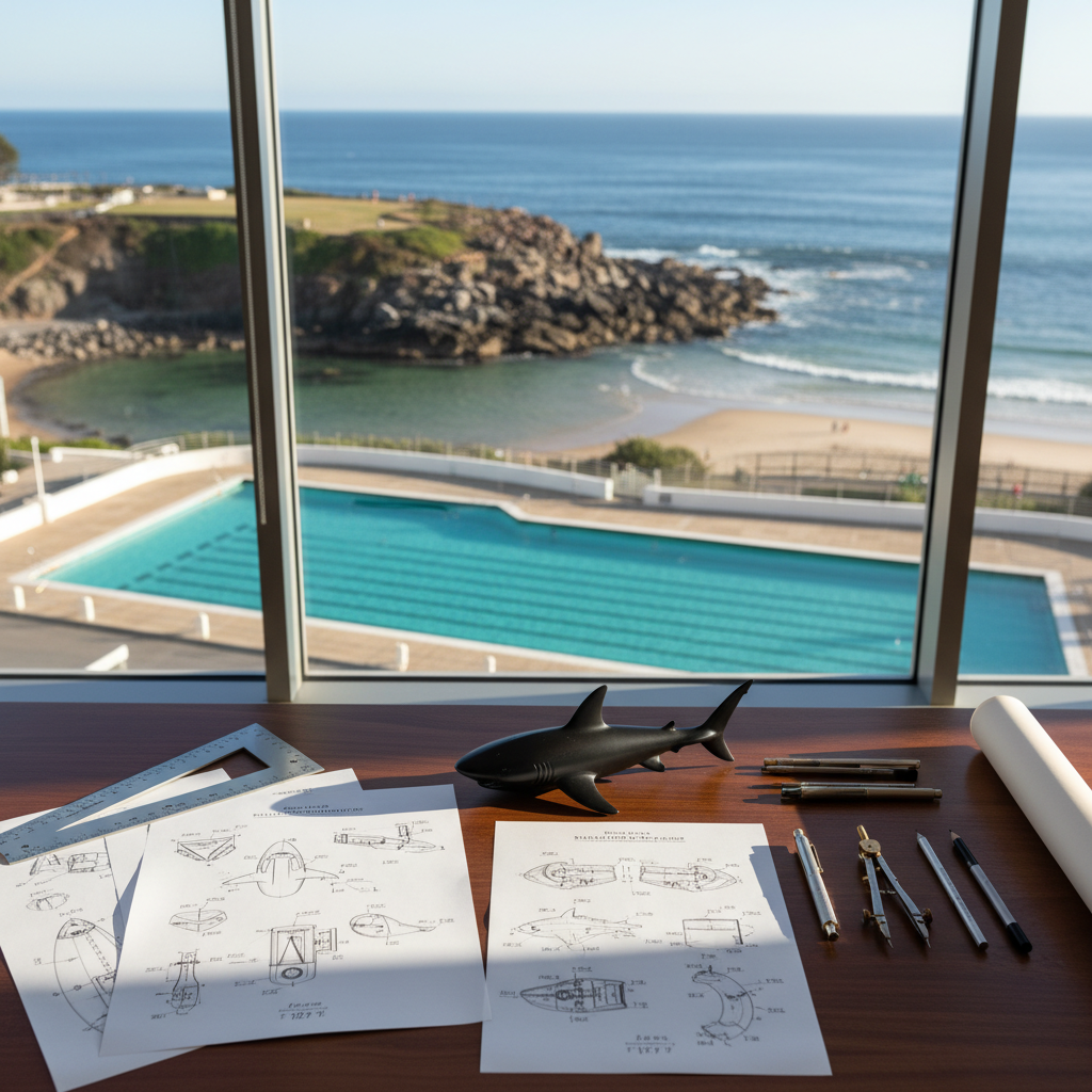 A clean, modern photographic still life of a design workspace overlooking Merewether ocean baths through a large glass window. On a smooth, dark timber desk lie neatly arranged patent drawings of a shark-inspired ocean safety device, high-quality drafting tools, and a single small, polished scale model of the product in matte black. Outside the window, the turquoise pool, rocky headland, and distant curve toward Dixon Park beach are subtly blurred. Soft, late-morning coastal light floods the room, creating refined highlights on paper and model edges. Captured from a slightly elevated angle, the composition feels ordered and sophisticated, visually narrating the transition from observing local ocean swims to formalizing the idea into a product patent.