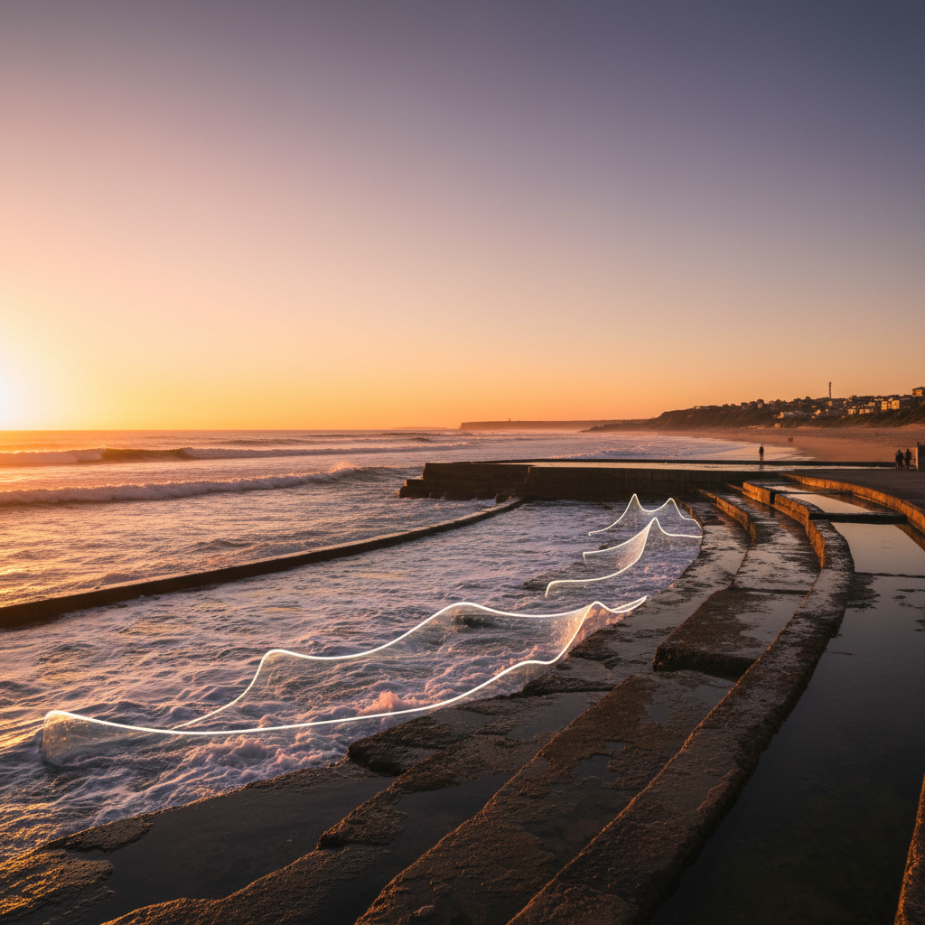 A long, cinematic photographic shot along the Newcastle, NSW coastline from Merewether ocean baths toward Dixon Park beach, with the conceptual outline of a patented ocean-safety product subtly integrated into the shoreline. The product shape appears as translucent, glass-like contours following the swell patterns, hinting at its function without literal detail. Warm sunrise light bathes the scene, casting elongated shadows across the baths’ concrete edges and highlighting the foam-tipped waves. The atmosphere is quietly dramatic and sophisticated, suggesting the spark of an idea emerging from observing ocean conditions. Shot from a slightly elevated angle with sharp focus throughout, the composition balances natural beauty with an almost architectural precision, reflecting the origin story of the patent.